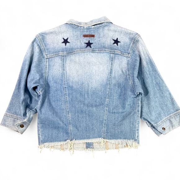 GUESS Cropped Frayed Denim Jacket S USA Cactus Patches‎ Boho Festival 90sRevival - Picture 12 of 13